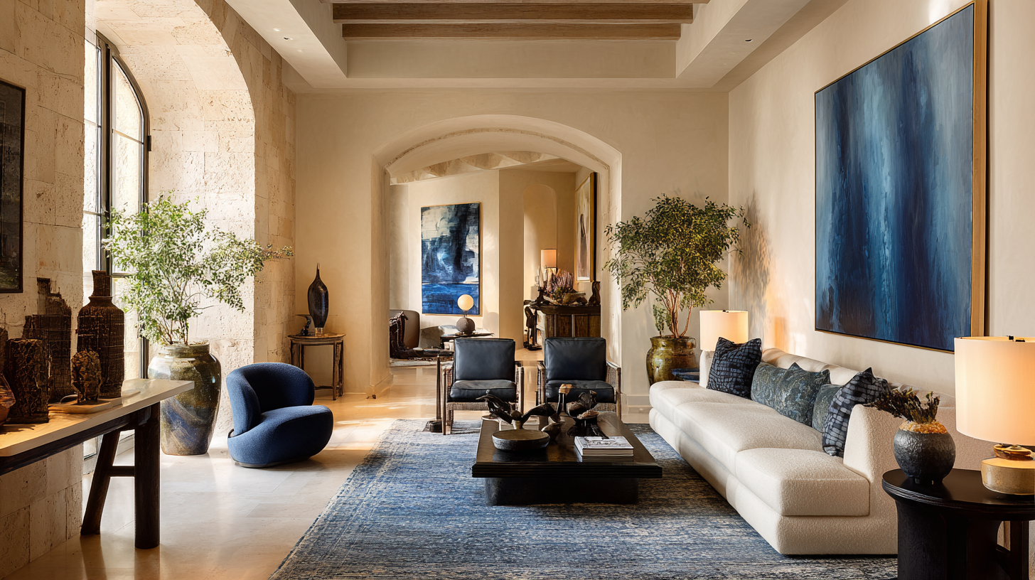 The drawing room of a private residence at dusk