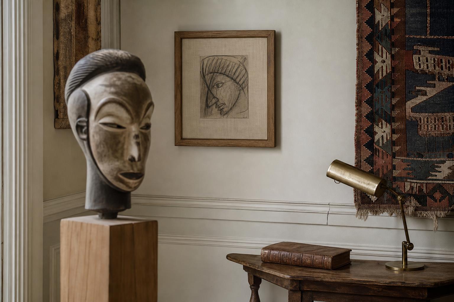 A discreet collector's salon: African sculpture, modernist drawing and antique kilim